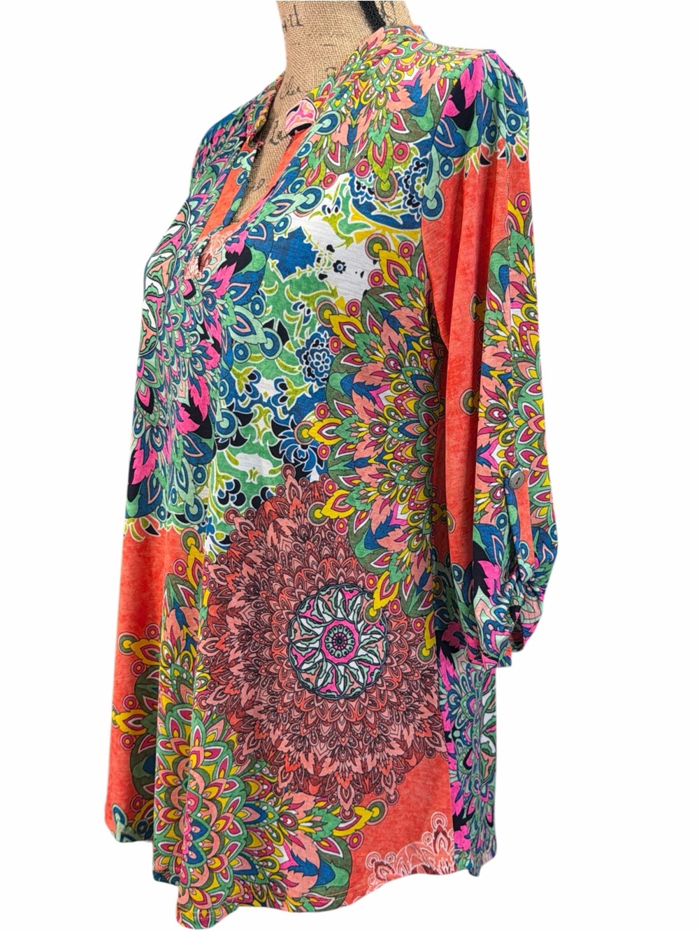 Paisley Grace. Coral Multi-Print V-Neck Tunic Top. Size large - Picture 3 of 6